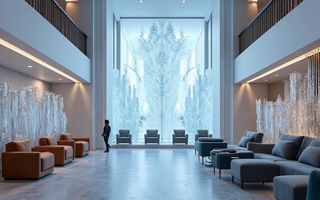 Lobbyen til et boutique-hotell med arktisk tema, elegante møbler, glassdetaljer som minner om is, og et lyst, åpent rom.