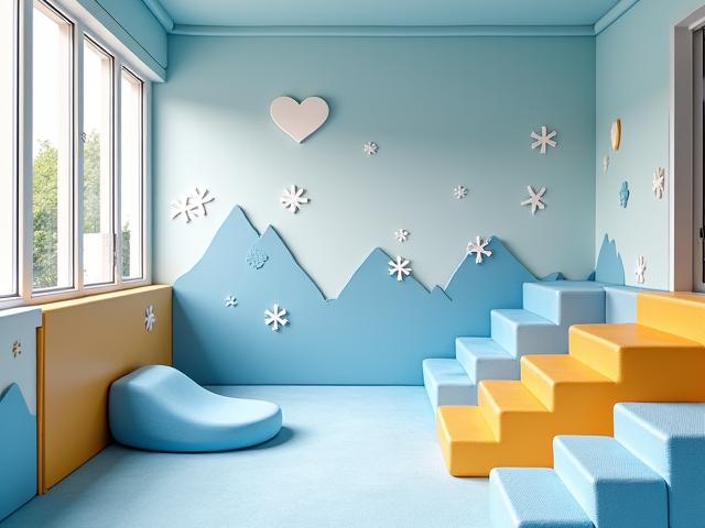 Et lekeområde for barn designet med snøkrystall- og isfjellmotiver, lyse farger og trygge, holdbare materialer.