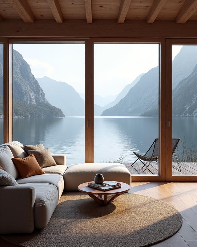 Interiør fra en hytte ved fjorden, med store vinduer mot et arktisk landskap og et varmt, innbydende nordisk design.
