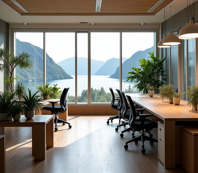 Et moderne og kreativt kontorlandskap i Lofoten, med ergonomiske møbler, store vinduer og naturlige materialer.