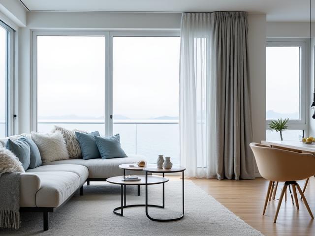 Moderne leilighet i Tromsø, med lyse farger, rene linjer og en koselig atmosfære, inspirert av nordisk minimalisme.