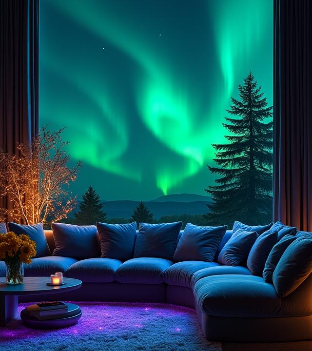 En stue inspirert av nordlyset, med dype, mørke farger, grønne og blå aksenter, og innbydende møbler.