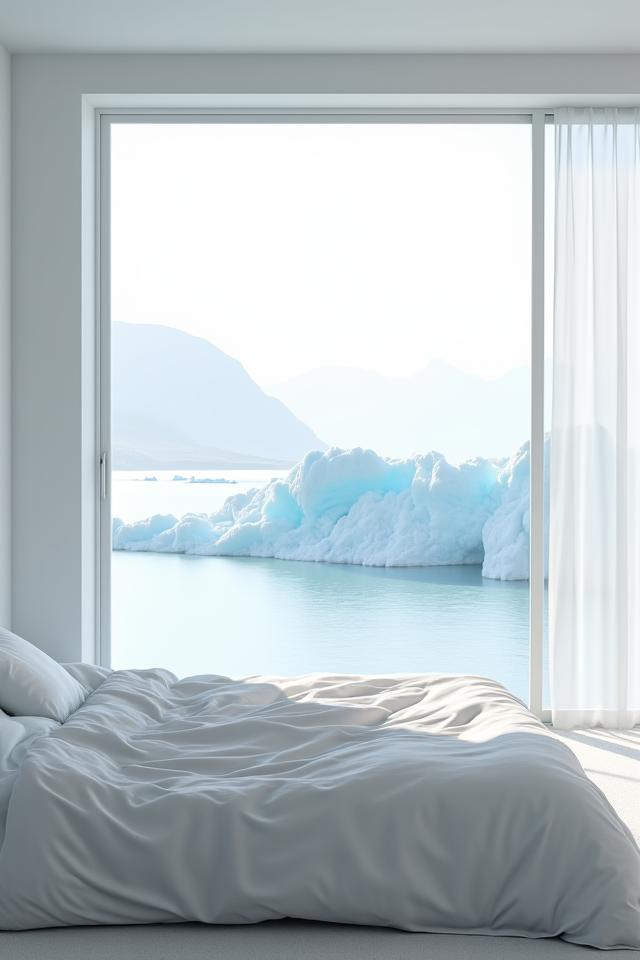 Et minimalistisk soverom med utsikt over en isfjord, med en rolig fargepalett, myke tekstiler og naturlig lys.