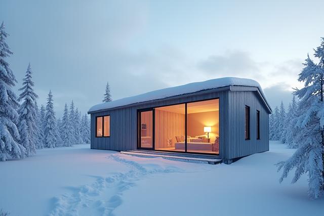 En koselig hytte i arktisk vinterlandskap i Norge, glødende med varmt lys innenfra.