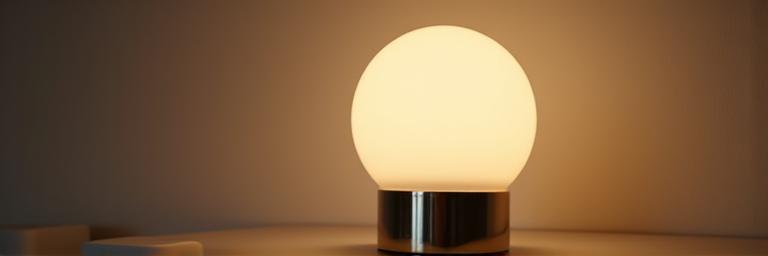 En liten bordlampe med en frostet glasskuppel og metallfot på et nattbord