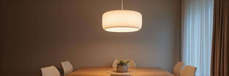 Elegant, minimalistisk taklampe med en matt hvit finish som henger over et spisebord