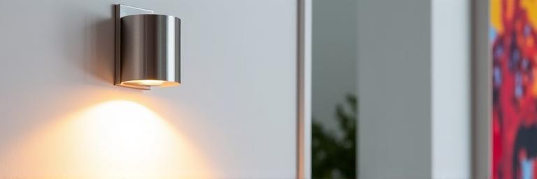 Moderne veggspotlight i børstet aluminium som fremhever et kunstverk på en hvit vegg