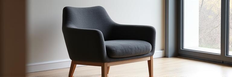Moderne lenestol i mørkegrått stoff, med slanke treben i en minimalistisk stue