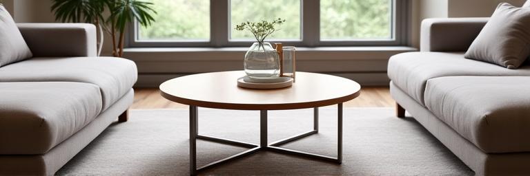 Rundt salongbord i lyst tre med metallunderstell, omgitt av enkle sofaer