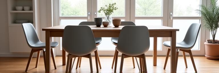 Rektangulært spisebord i eik med fire matchende stoler, i et lyst nordisk kjøkken